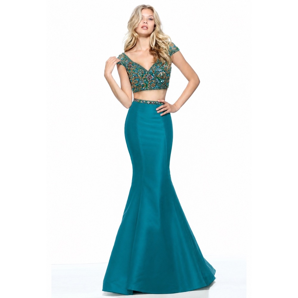 Sherri Hill‎ 51167 Aqua Beaded Two Piece Gown Size 2 Mermaid Formal Dress NWT
